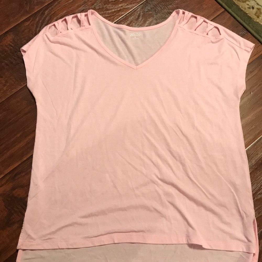 Light pink V neck tee.
